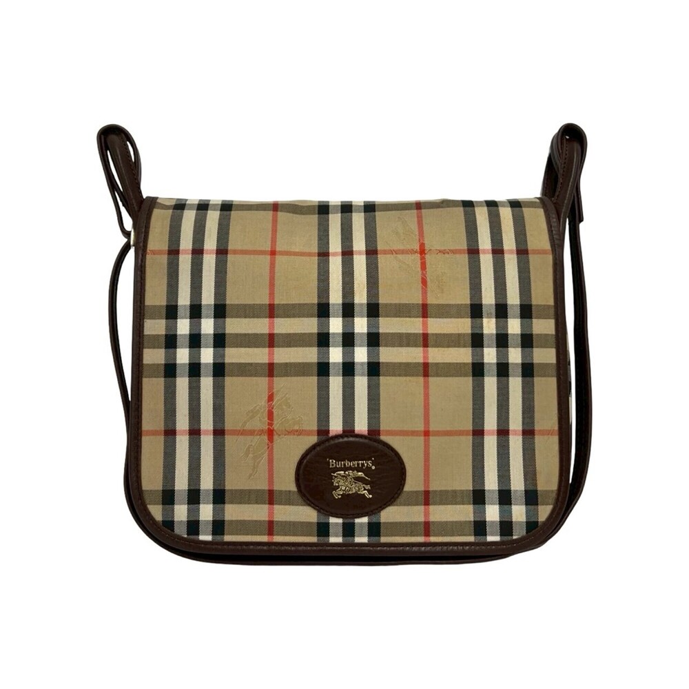 Burberrys Nova Check Shadow Horse Pattern Canvas Leather Shoulder Bag, Beige/...